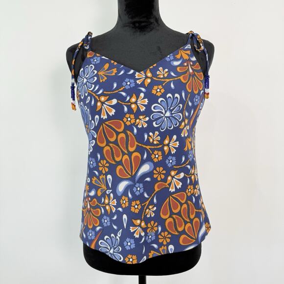 Sigrid Olsen Colorful Floral Tank Top Size S Beaded Tie Straps Boho Boho Hippie - Picture 1 of 7